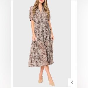 Gibson Look Kira Drawstring Midi Dress Small Brown Java Floral